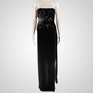 RICHARD TYLER Size 10 Black Jersey Strapless Bead Embroidered Gown